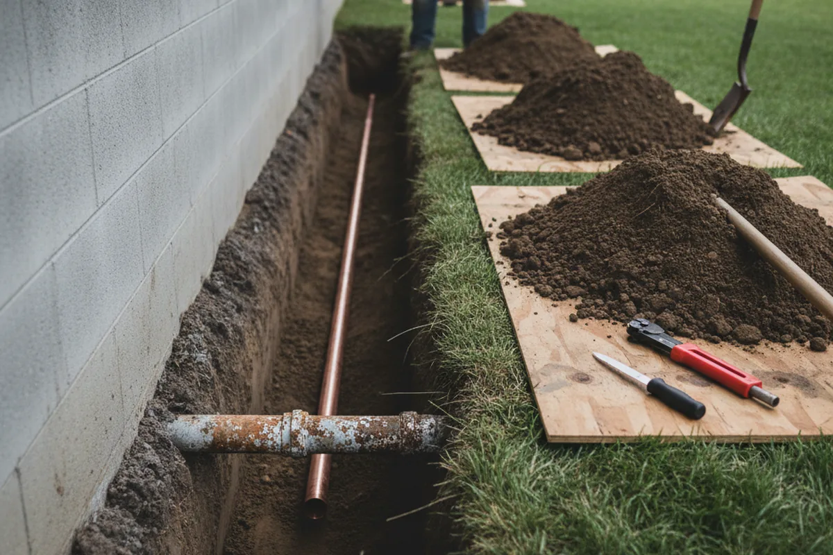 Excavated water line trench during Sewer Line Repair in Dillard